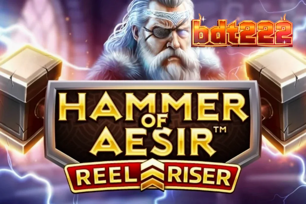 The Hammer of Aesir slot machine interface featuring Norse mythology symbols.